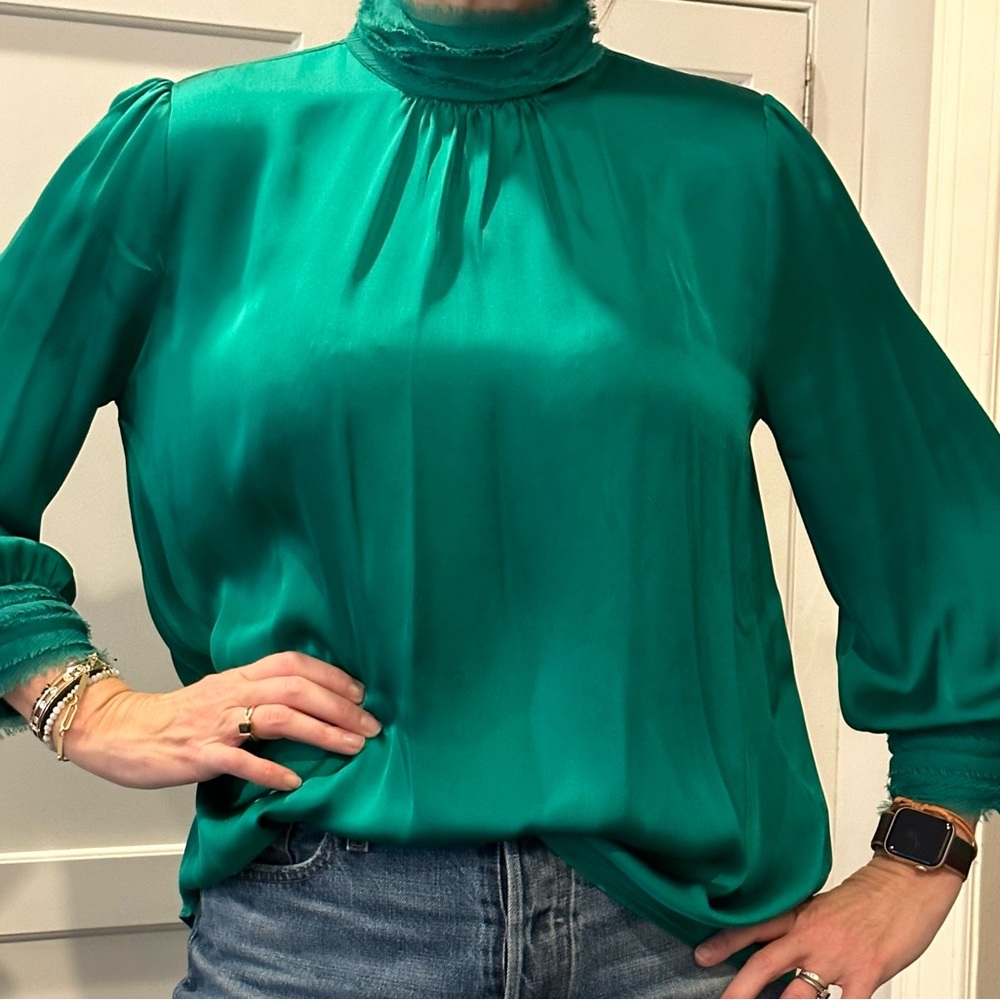 Zara High Neck Silk Green Blouse